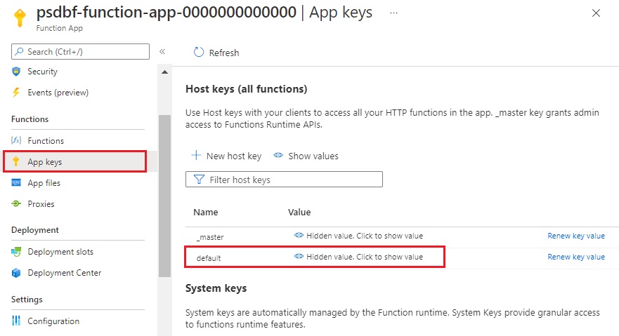 Azure 函数应用的“应用密钥”页的屏幕截图。
