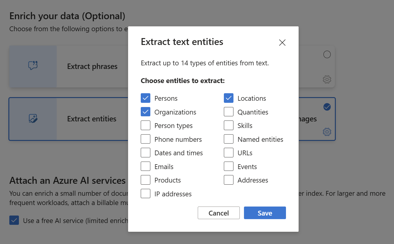 Azure 门户中“提取实体”选项的屏幕截图。