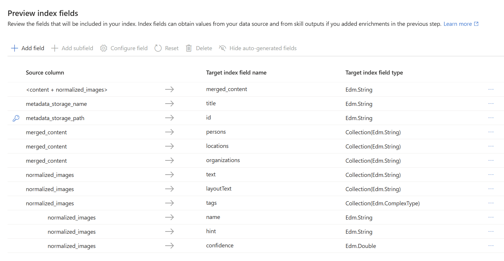 索引定义页的屏幕截图。