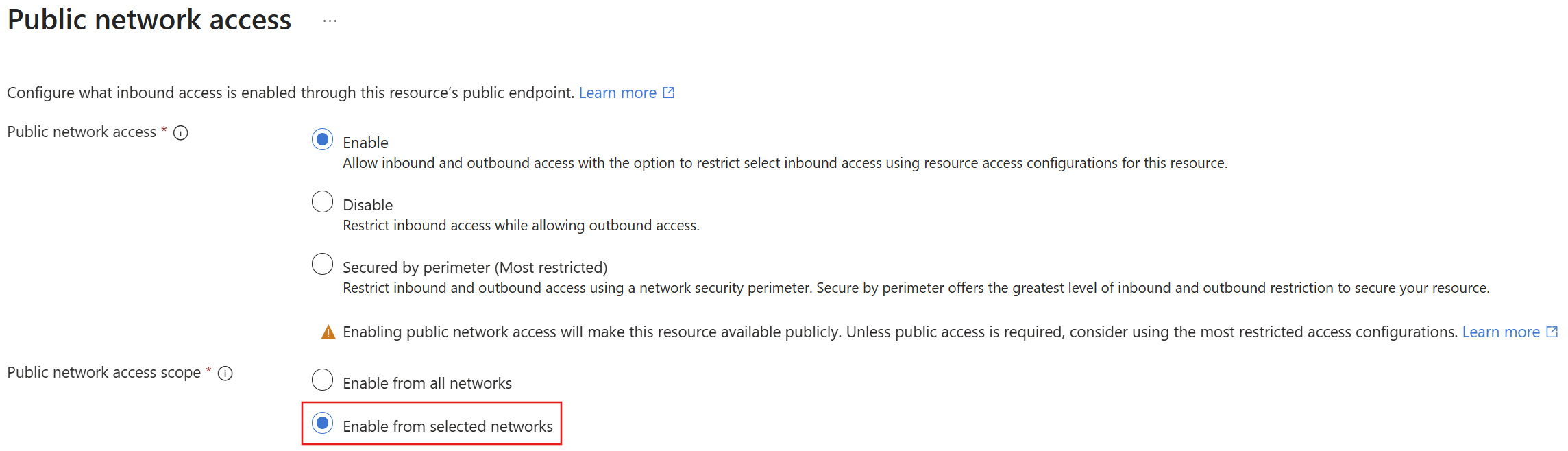 用于在 Azure 门户中启用从所选网络进行访问的选项的屏幕截图。