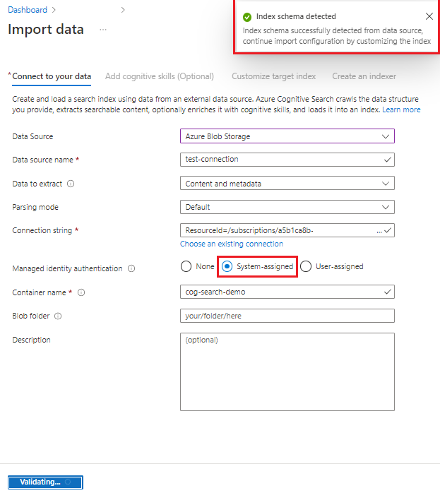 Screenshot of the Import data wizard data source connection page.