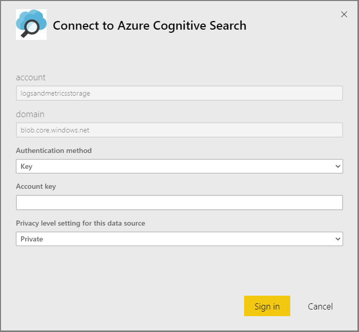 Screenshot showing how to input the authentication method, account key, and privacy level in the Connect to Azure AI Search page.