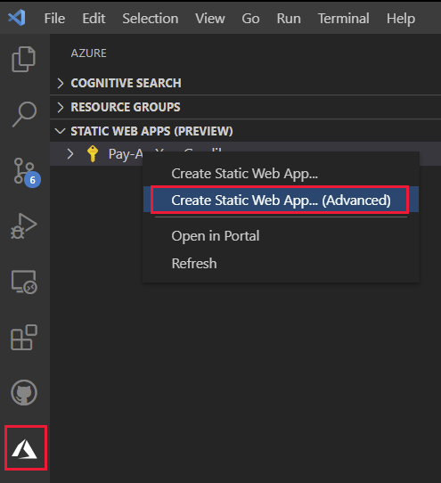 Screenshot of Visual Studio Code, with the Azure Static Web Apps explorer showing the option to create an advanced static web app.