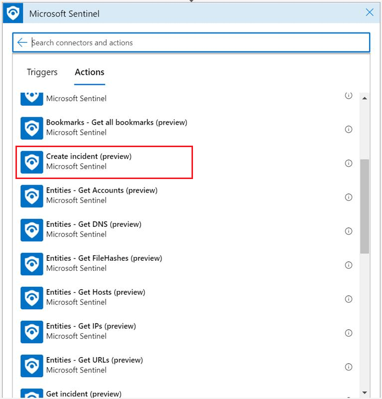 Microsoft Sentinel 连接器中创建事件逻辑应用操作的屏幕截图。
