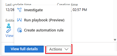 Screenshot of menu of actions that can be performed on an incident from the details pane.