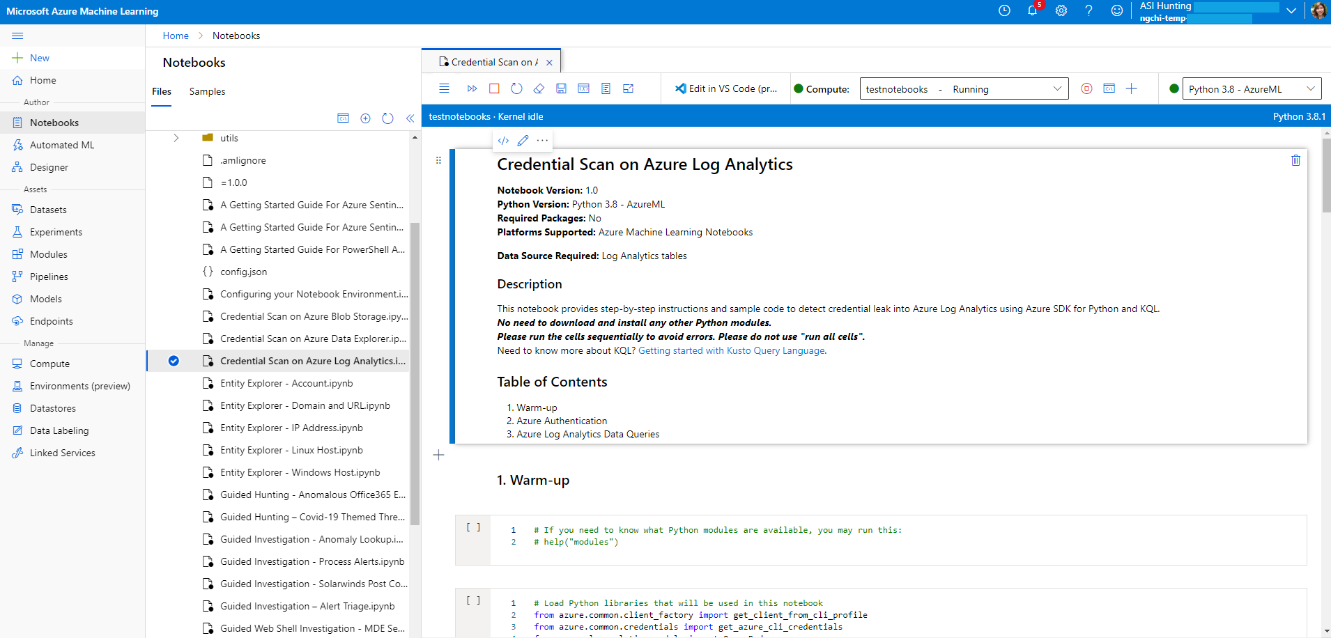 Launch your notebook in your AML workspace.