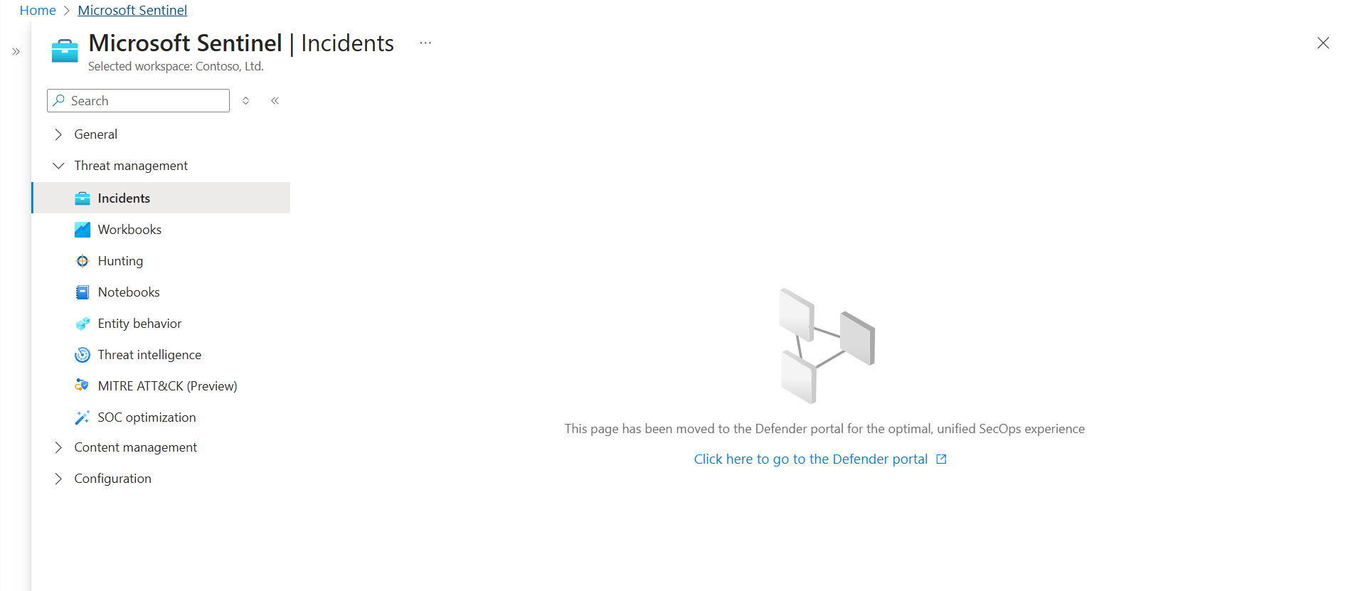 Azure 门户中指向 Defender 门户的重定向链接截图。