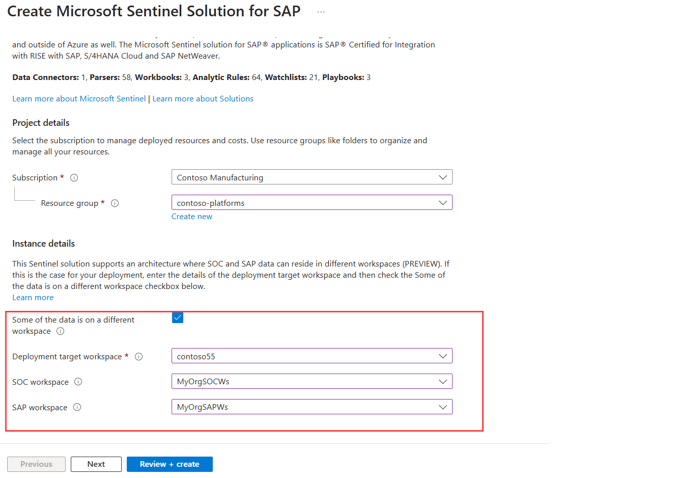 显示如何将适用于 SAP 应用程序 的Microsoft Sentinel 解决方案配置为跨多个工作区运行的屏幕截图。