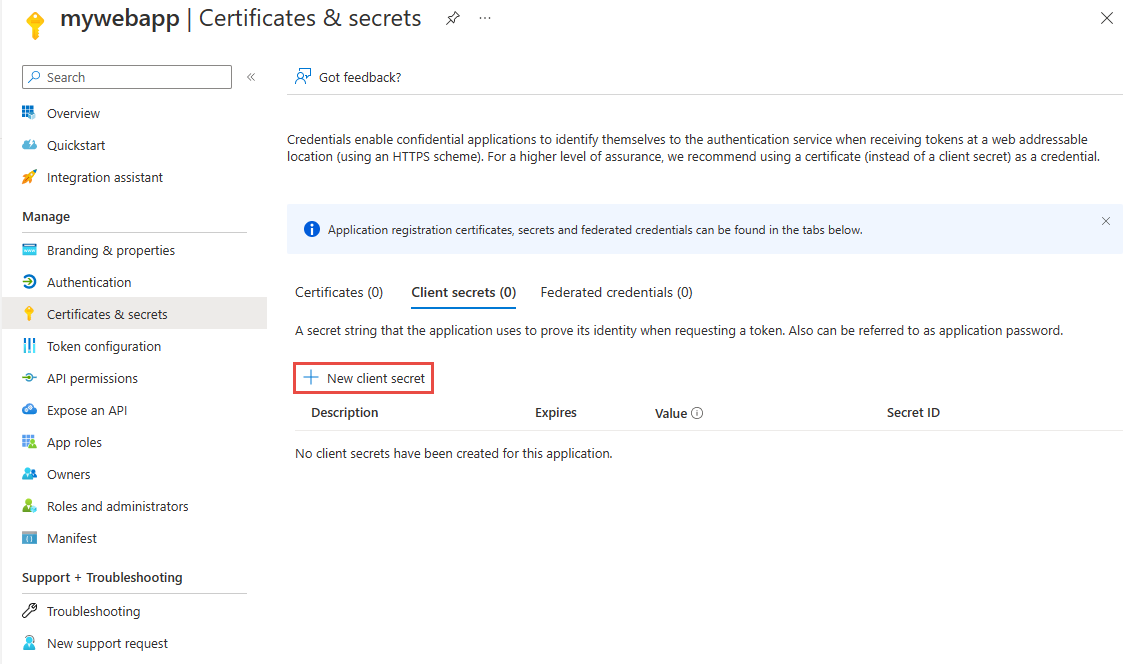 屏幕截图显示“证书和机密”页，其中选择了“新客户端密码”按钮。