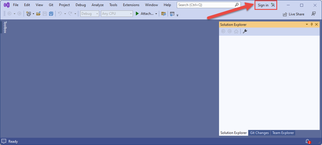 显示使用 Visual Studio 时用于登录到 Azure 的按钮的屏幕截图。