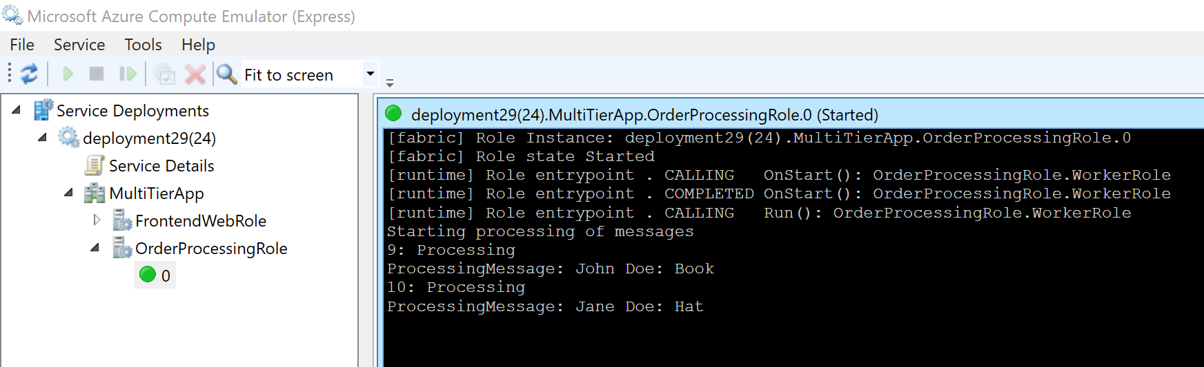 Screenshot of the Azure Compute Emulator (Express) dialog box.