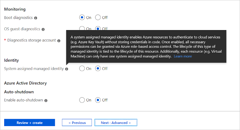 Azure portal: Create virtual machine scale set identity option
