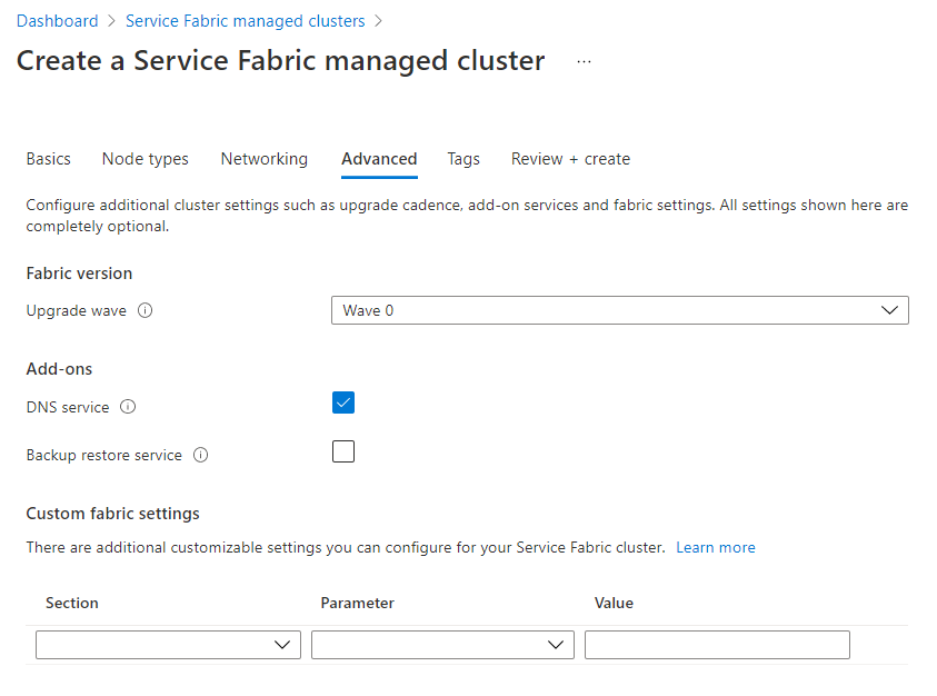 Choose between different available waves when creating a new cluster in Azure portal from the 'Advanced' options