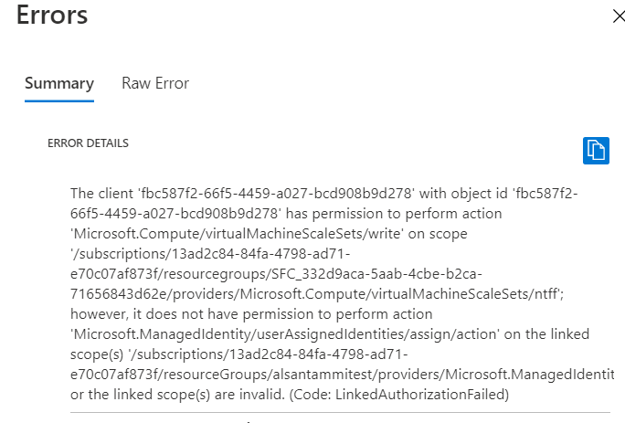 Azure portal deployment error showing the client with SFRP's object/application ID not having permission to perform identity management activity