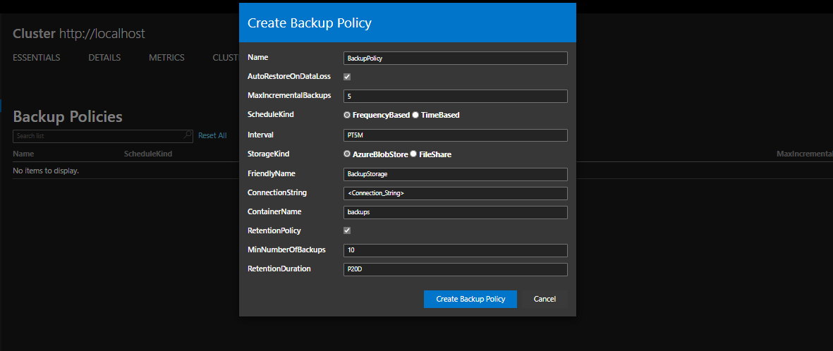 Create Backup Policy Azure Blob Storage