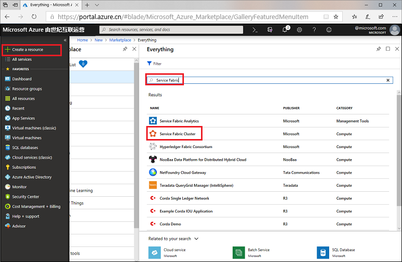 search for Service Fabric cluster template on the Azure portal.