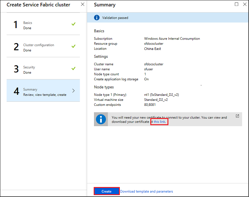 Screenshot shows the Create Service Fabric cluster Summary page with a link to view and download a certificate.