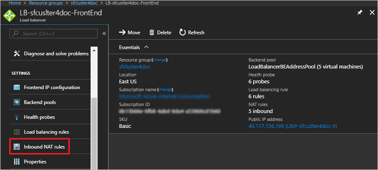 Screenshot of a load balancer page in the Azure portal. In the left-hand menu, under SETTINGS, Inbound NAT rules is selected.