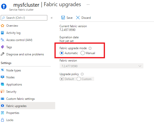 Select Automatic or Manual upgrades in the 'Fabric upgrades' section of your cluster resource in Azure portal