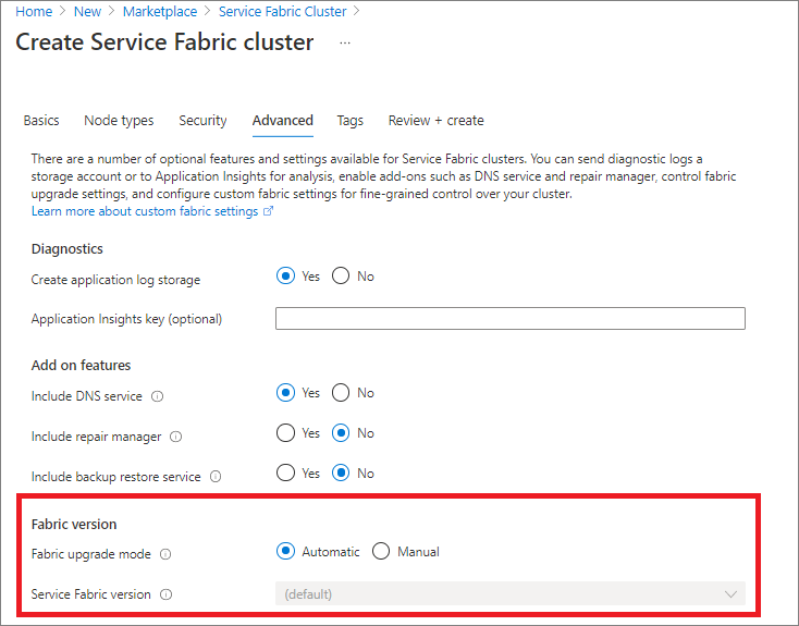 Choose between automatic or manual upgrades when creating a new cluster in Azure portal from the 'Advanced' options
