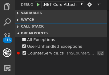 Screenshot that shows .NET Core Attach selected in the debug configuration menu.
