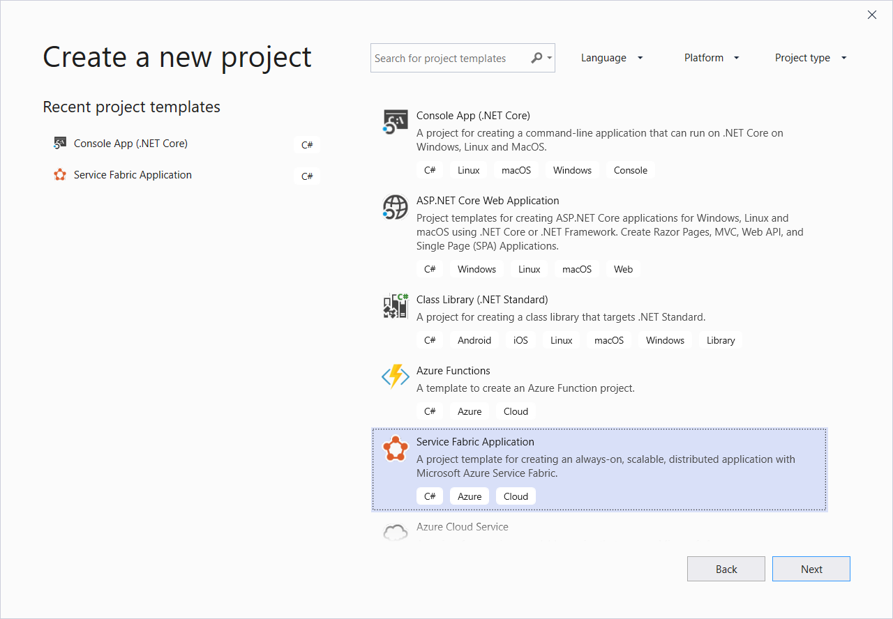 Service Fabric tools for Visual Studio - new project