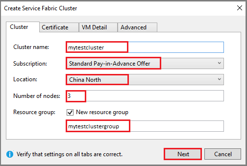 Screenshot shows the Cluster tab of the Create Service Fabric Cluster dialog box.