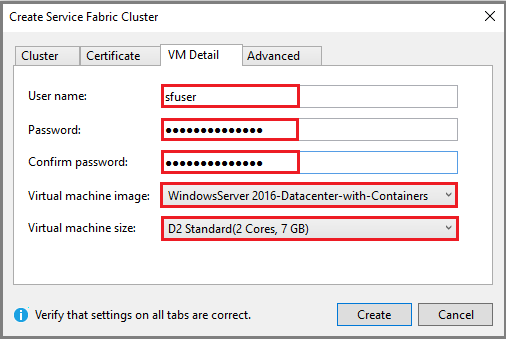 Screenshot shows the V M Detail tab of the Create Service Fabric Cluster dialog box.