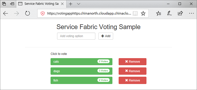 Screenshot of the Service Fabric Voting Sample app running in a browser window with the URL https://mycluster.region.cloudapp.chinacloudapi.cn:443.