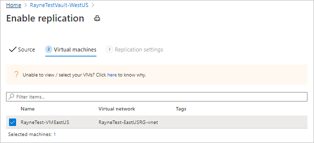 用于選擇 VM 進(jìn)行復(fù)制的頁面