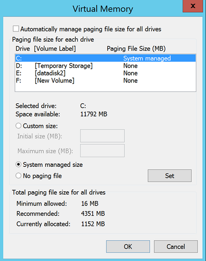 Screenshot of the Virtual Memory dialog with the C: Drive line highlighted showing a Paging File Size setting of 