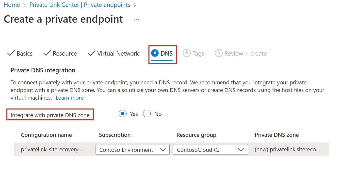 Screenshot that shows the Configuration tab for configuration of a private endpoint.