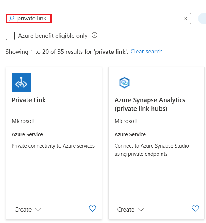 Screenshot that shows searching the Azure portal for Private Link Center.