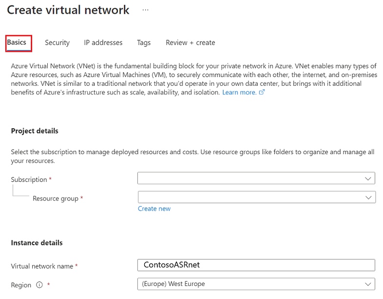 Screenshot of basic options for creating a virtual network.