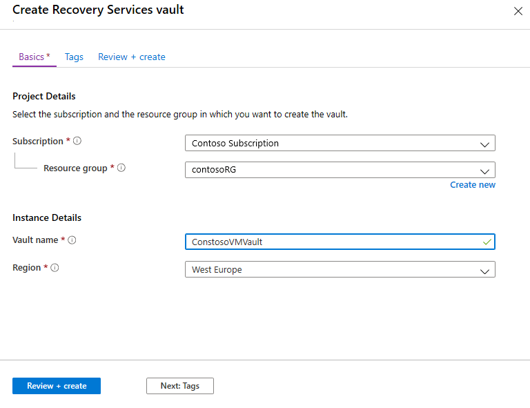 Screenshot of the basic options for creating a Recovery Services vault.
