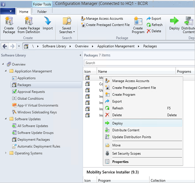 Screenshot of the Configuration Manager console that shows the Deploy menu option.