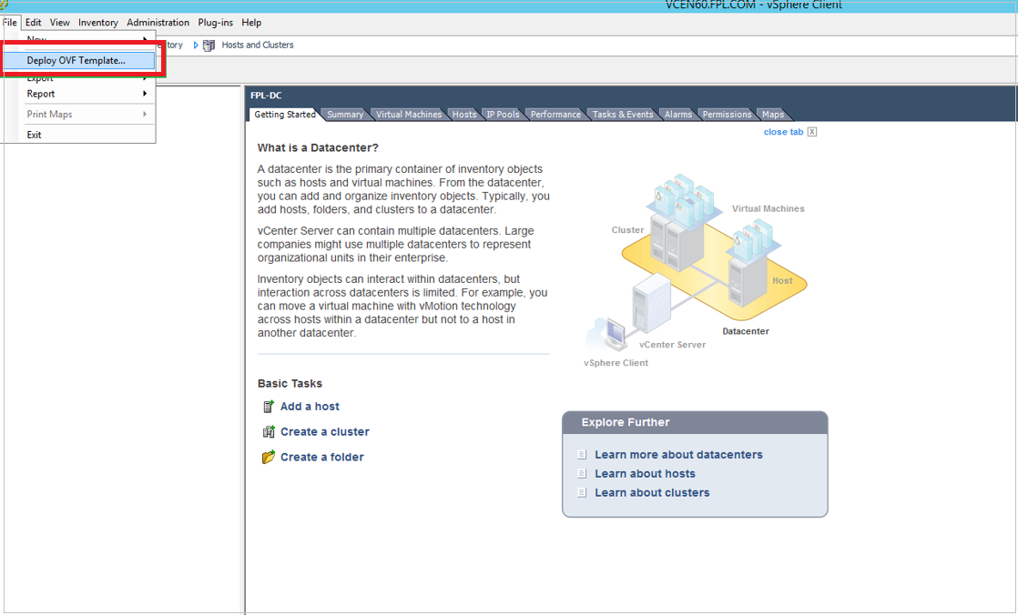 Screenshot of the first page of the wizard for deploying an OVF template in the VMware vSphere client.