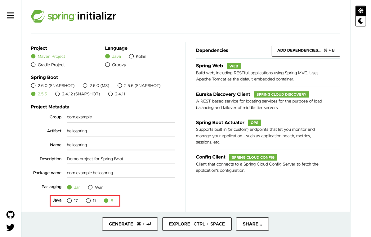 显示推荐设置的 Spring Initializr 页的屏幕截图。