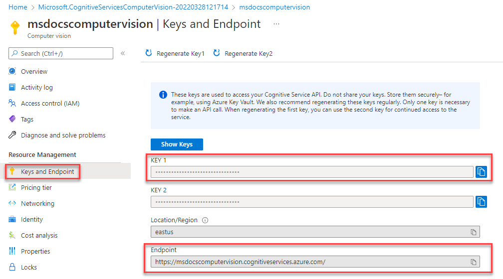 A screenshot showing how to retrieve the Keys and URL Endpoint for a Computer Vision service.