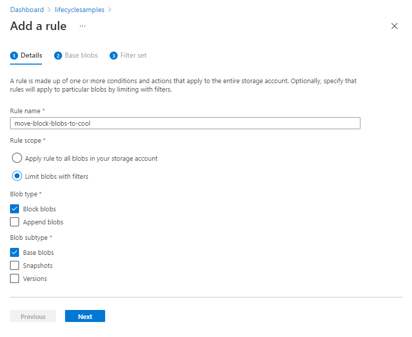 Azure 门户中的“生命周期管理”>“添加规则”>“详细信息”页