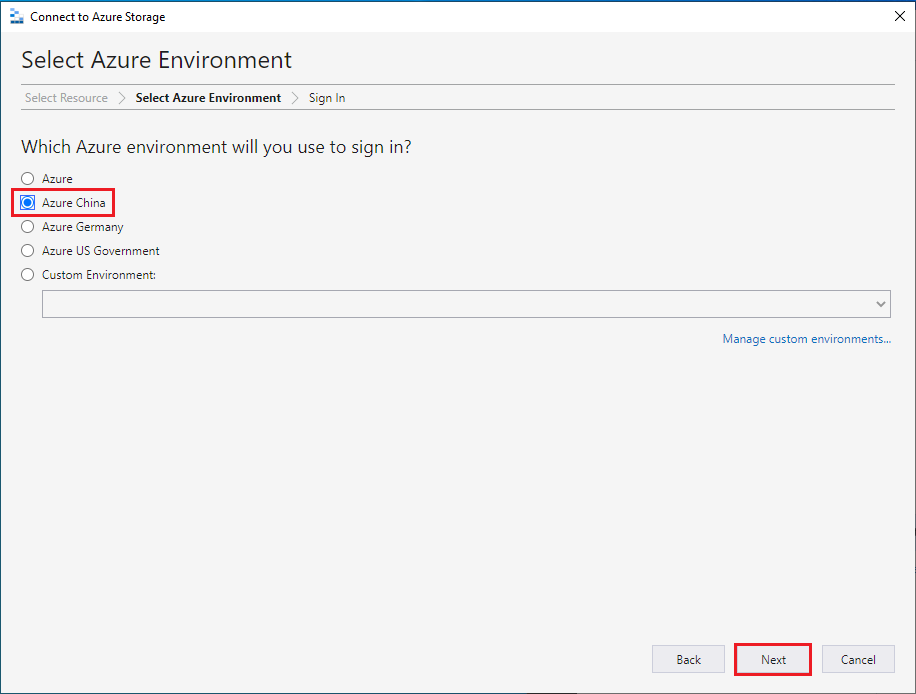 Screenshot that shows the Microsoft Azure Storage Explorer - Connect window