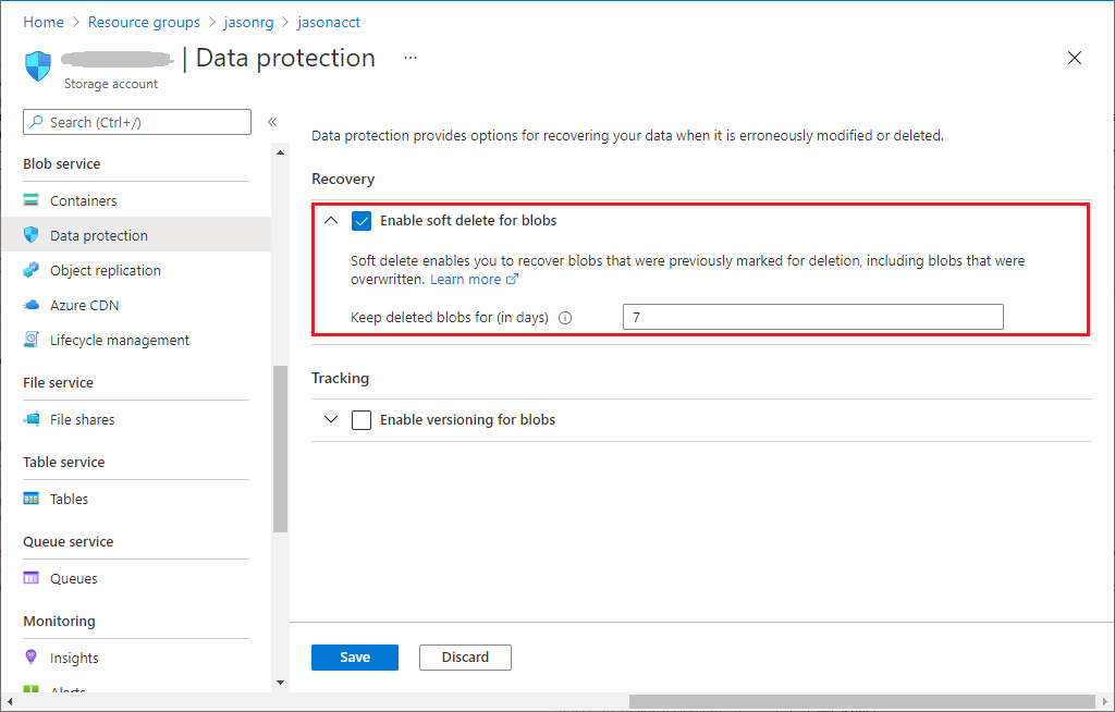 Screenshot showing how to enable soft delete in the Azure portal