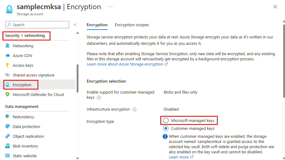 屏幕截图显示如何为存储帐户切换到 Microsoft 管理的密钥。