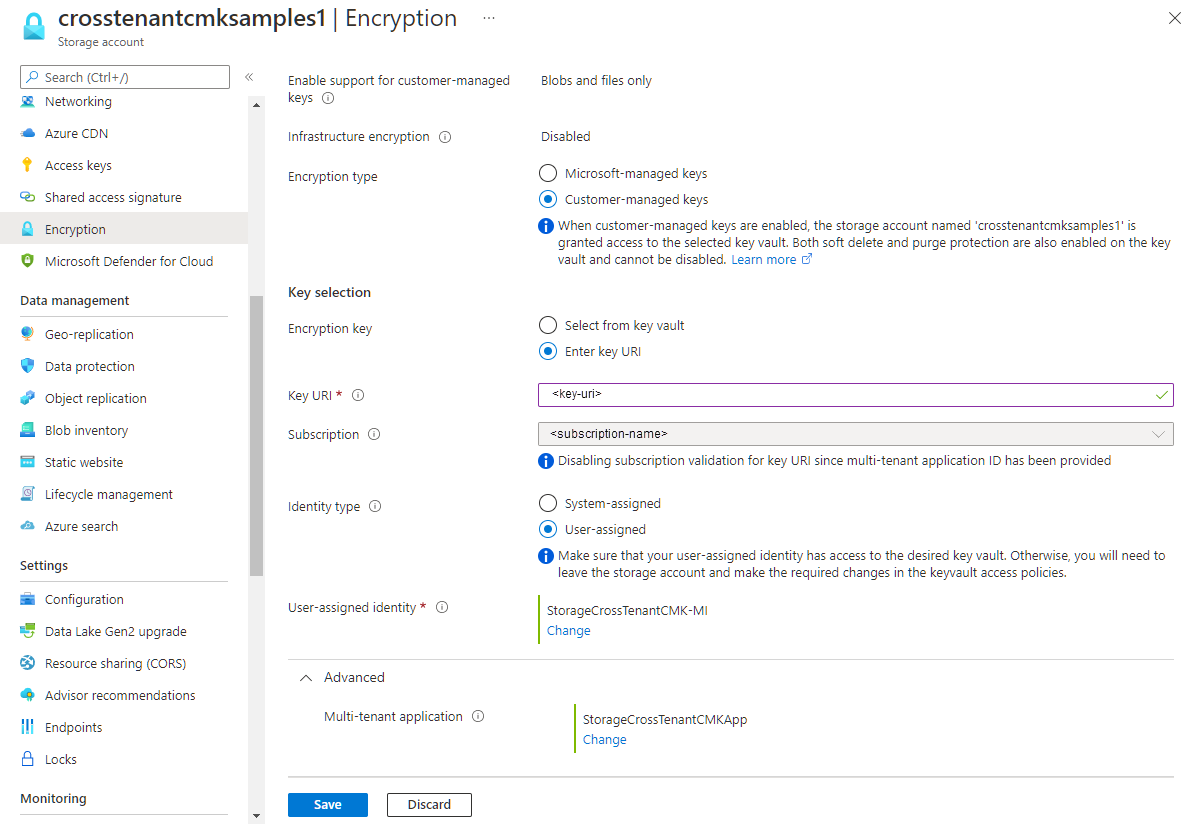 屏幕截图显示如何在 Azure 门户中为现有存储帐户配置跨租户客户管理的密钥。