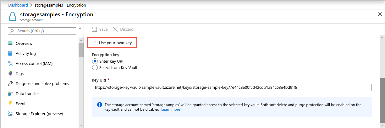 Screenshot showing encryption key setting in Azure portal