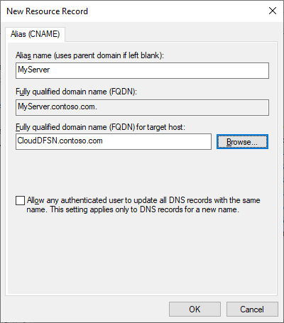 描述 CNAME DNS 条目的“新资源记录”的屏幕截图。