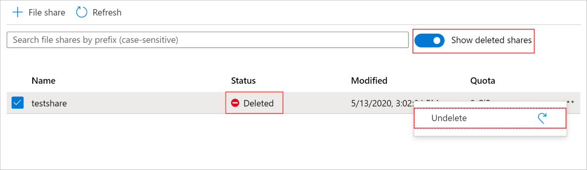If the status column, the column next to the name column, is set to Deleted, then your file share is in a soft deleted state. And will be permanently deleted after your specified retention period.