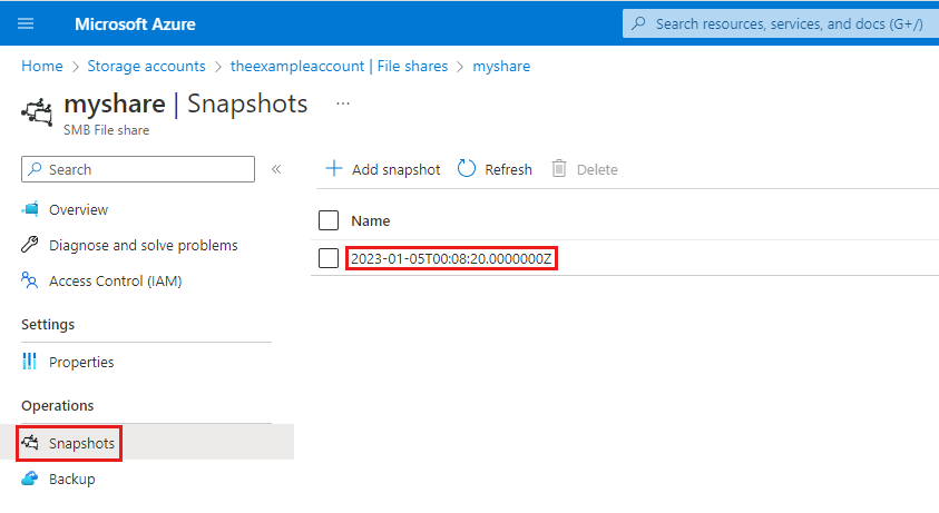 Screenshot showing how to locate a file share snapshot name and timestamp in the Azure portal.
