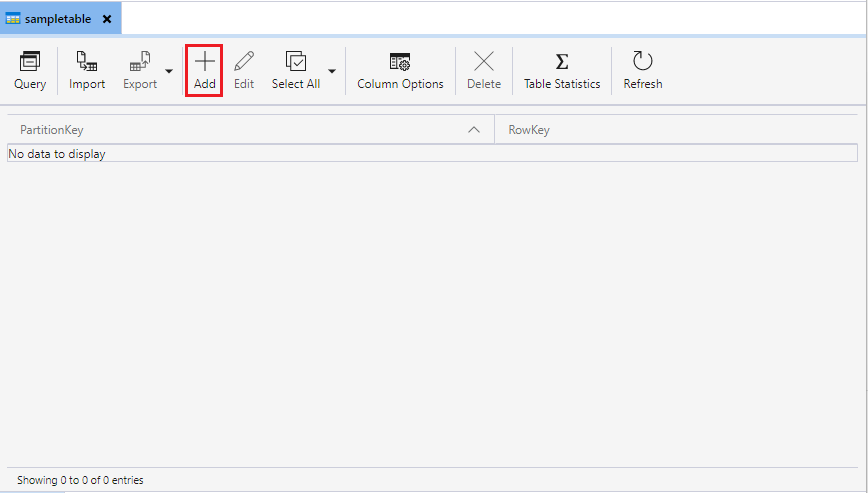 Screenshot showing how to add a new entity to a table in Storage Browser in the Azure portal.