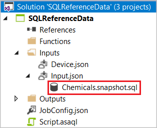解决方案资源管理器的屏幕截图，其中突出显示了 SQL CodeBehind 文件 Chemicals.snapshot.sql。